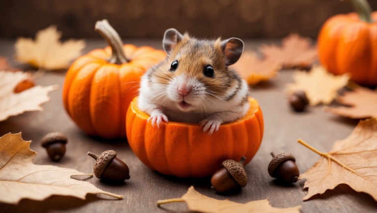 Cute hamster in orange pumpkin with autumn leaves, acorns, and pumpkins on rustic wooden background.