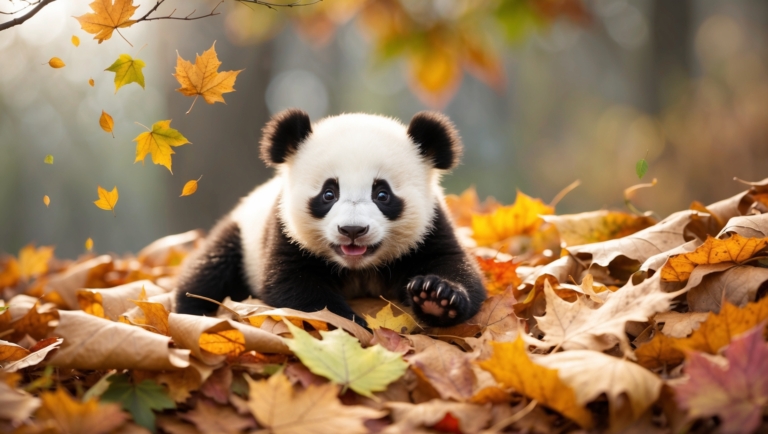 Smiling panda cub playing in autumn leaves with colorful fall forest background, looking at the camera.