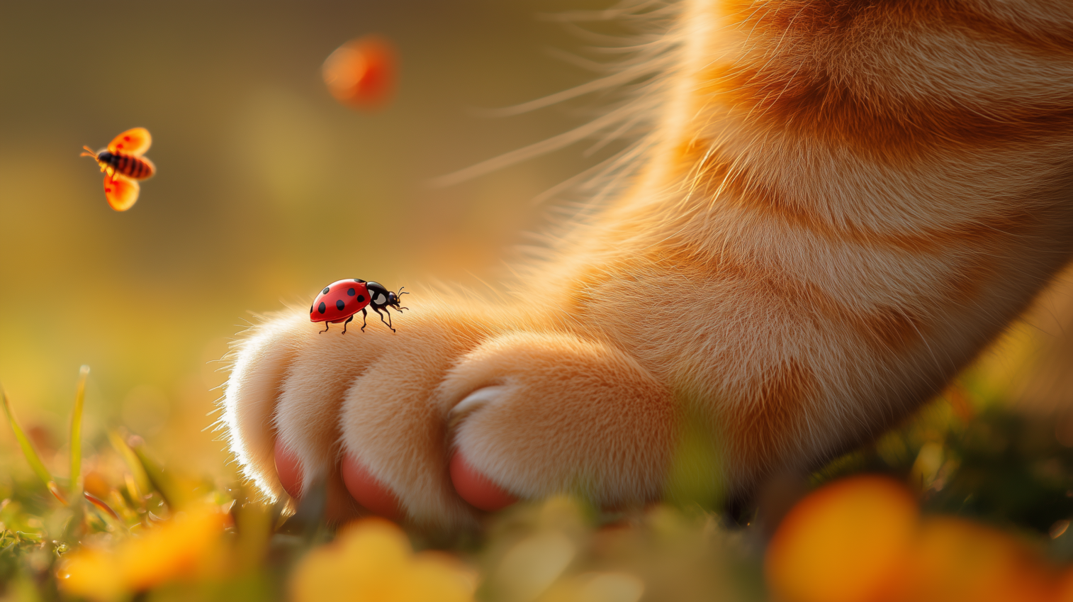Cat paw and ladybug close-up with cat jumping after butterfly in sunny background.