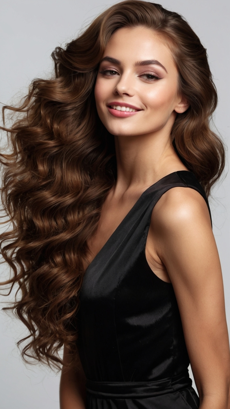 Smiling woman with long wavy brown hair and black dress on light gray background, glowing and elegant.