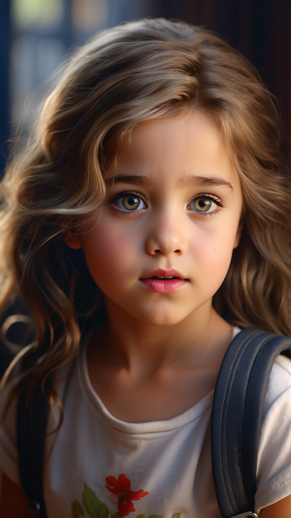 Adorable girl with long hair and school bag in soft focus portrait with warm tones.