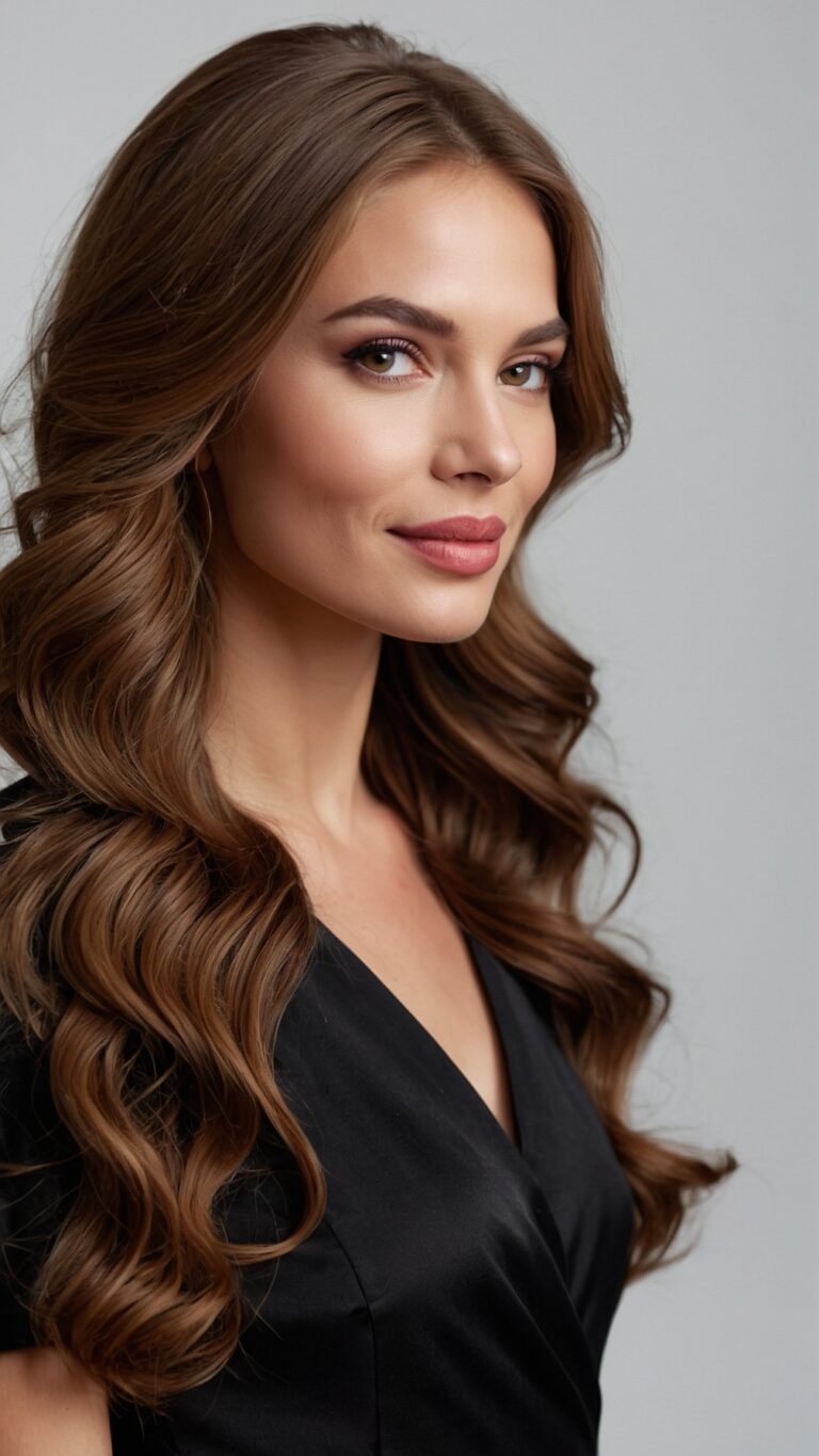 Professional woman in black business dress smiling with long brown hair on light grey background.