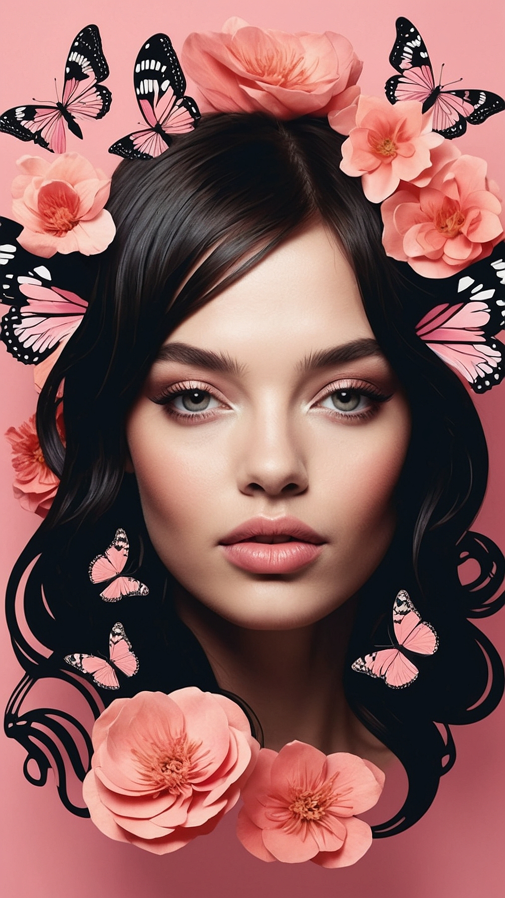 Beautiful girl with black hair, flowers, and butterflies on pink background, with peach blossoms and delicate pink makeup.