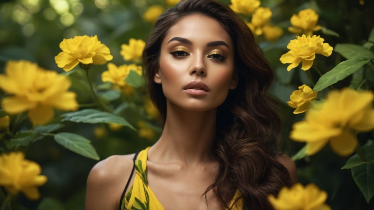 Beautiful woman with dark hair and golden makeup in yellow floral outfit standing before yellow flowers and green plants.