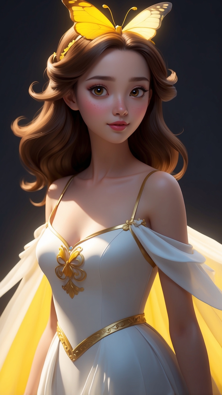Disney-style princess with curly brown hair in white and yellow dress, smiling with butterfly hairpin in a glowing setting.
