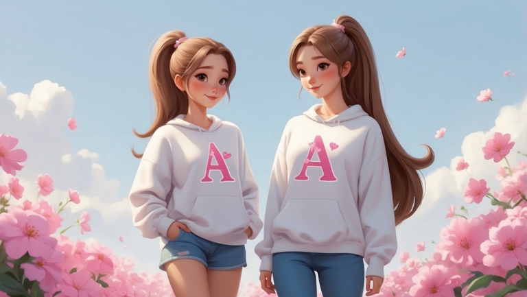 A cute girl with twin ponytails, wearing a white hoodie and blue shorts printed with the pink letters "AI", stands next to another beautiful woman in the style of anime. The background is full of blooming flowers under the clear sky. They both have happy smiles on their faces, creating a warm atmosphere.