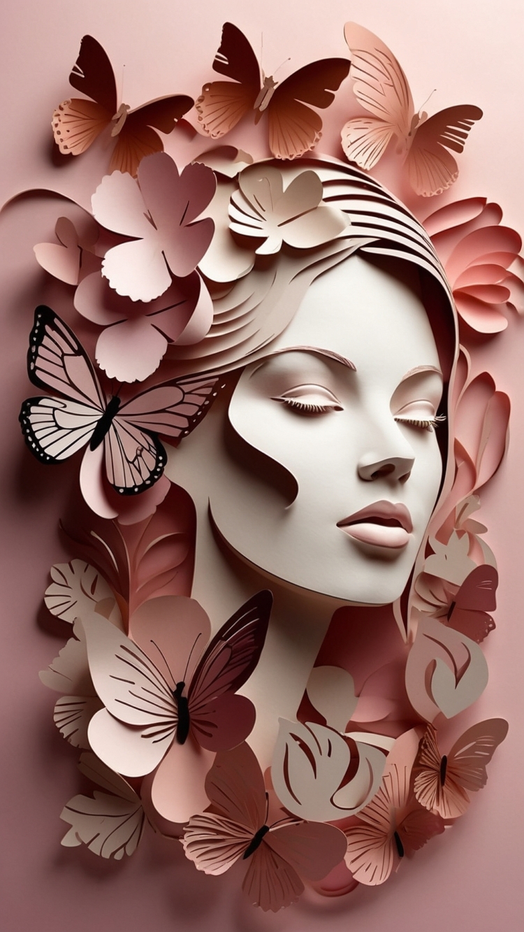 3D paper art of woman’s face with butterflies, pink background, soft shadows, and sculpted pastel details.