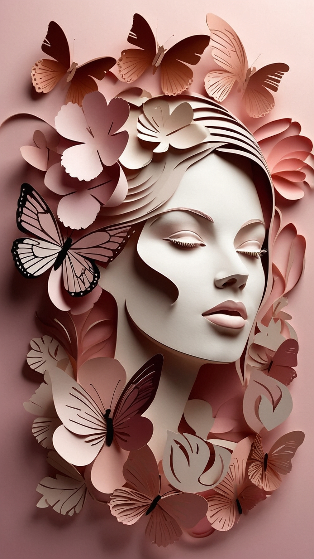 3D paper art of woman’s face with butterflies, pink background, soft shadows, and sculpted pastel details.