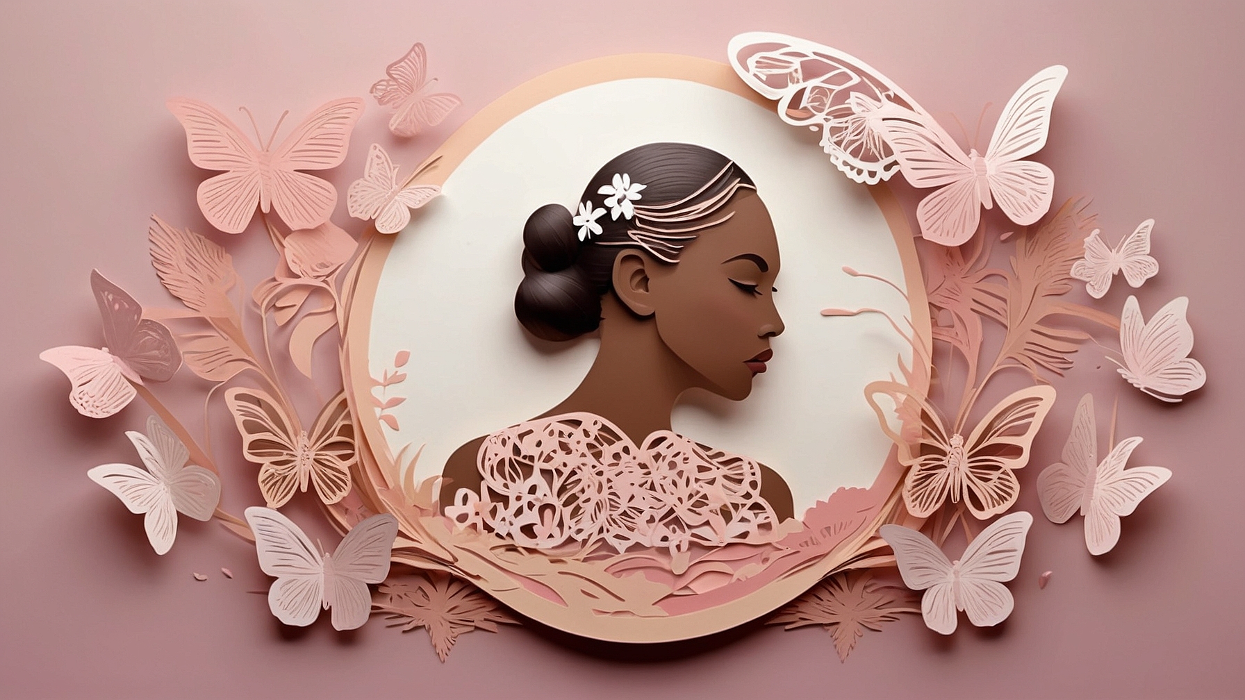 Paper cutout portrait of African American woman with butterflies, lace patterns, and pastel pink tones symbolizing growth and beauty.