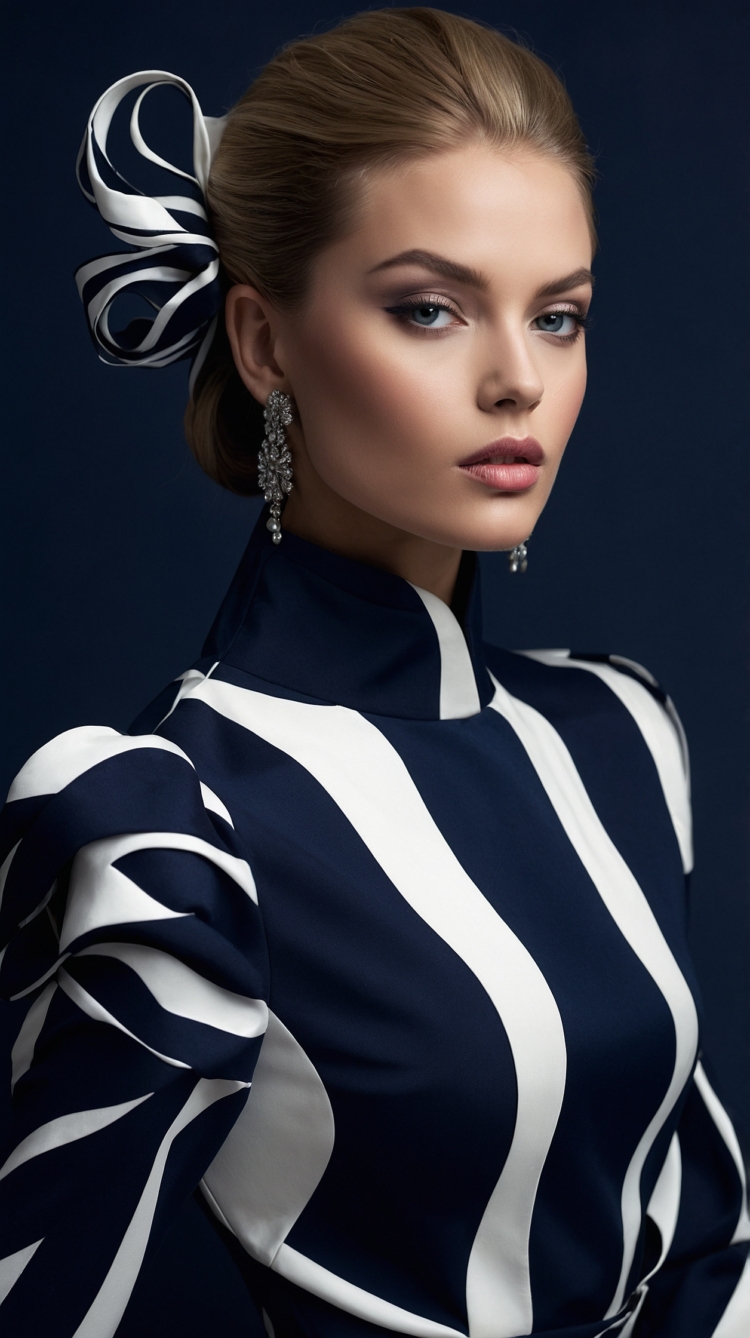 Blonde woman in navy and white geometric dress with updo, ribbon hair clip, and statement earrings in stylish pose.