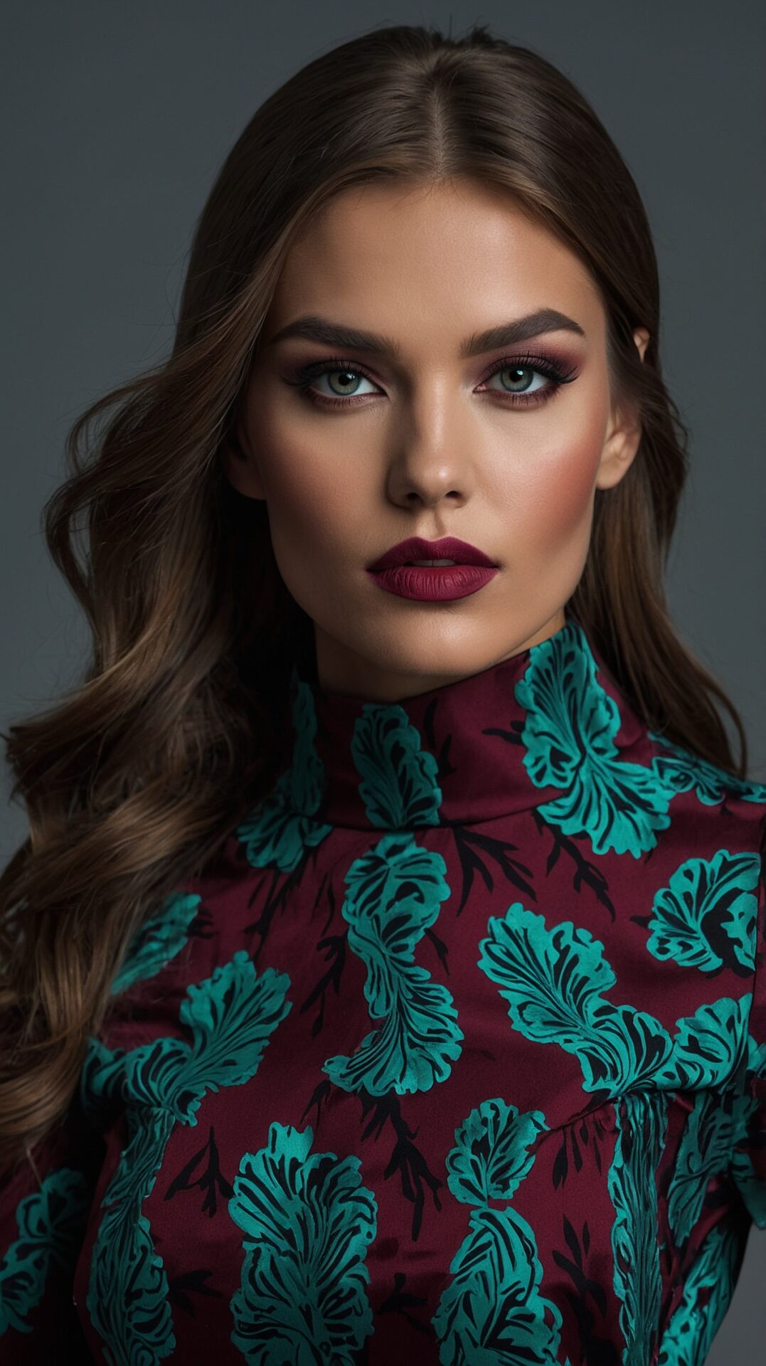 Woman with long brown hair in burgundy and teal turtleneck dress, dark red lipstick, looking directly at the camera.
