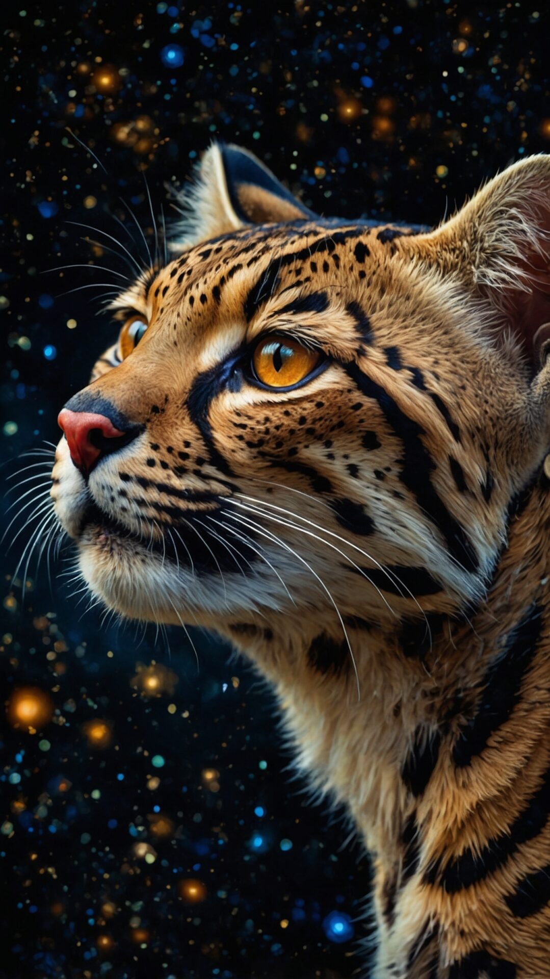 Hyper-realistic portrait of a tiger in space with starry background, blending wildlife and cosmic fantasy in vivid detail.