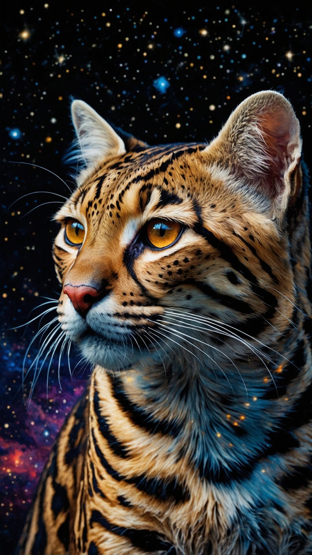 Hyper-realistic tiger in space with stars and galaxies in the background, combining wildlife strength with cosmic fantasy.