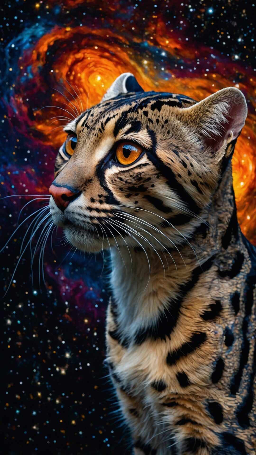 Photorealistic tiger portrait floats in space with stars and galaxies in the background, cosmic and surreal.
