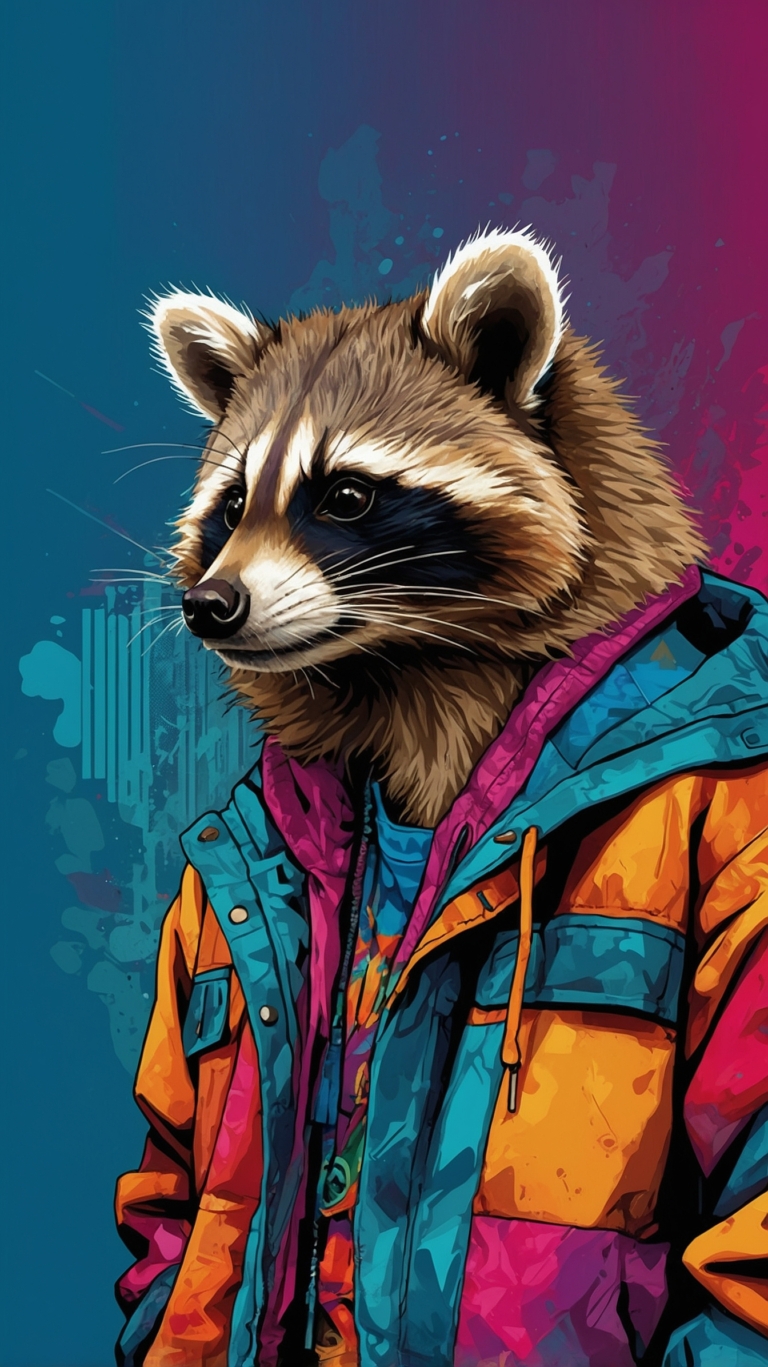 Stylish raccoon in a colorful windbreaker with vibrant 90s retro design, detailed vector art portrait with texture.