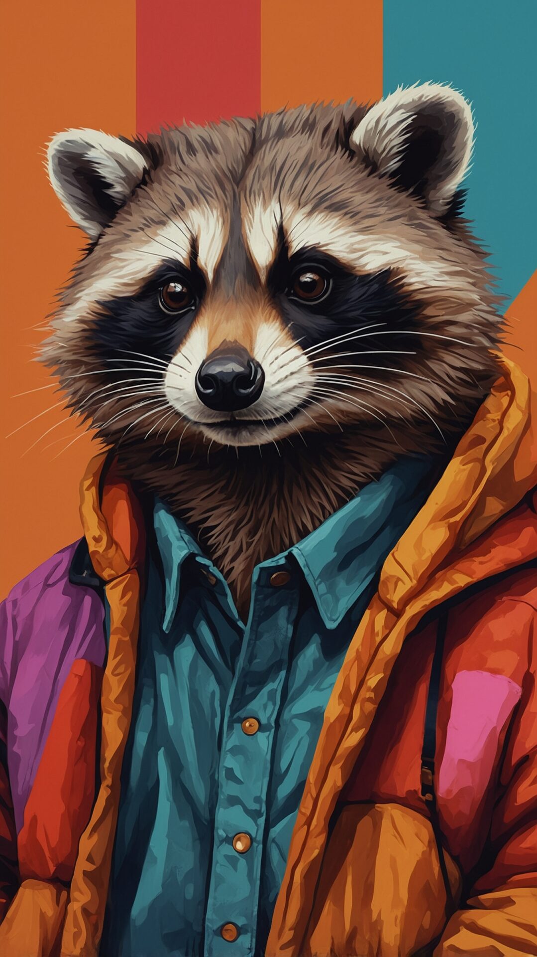 Portrait of raccoon in colorful jacket, bold lines and flat colors, clean vector style with modern graphic design.