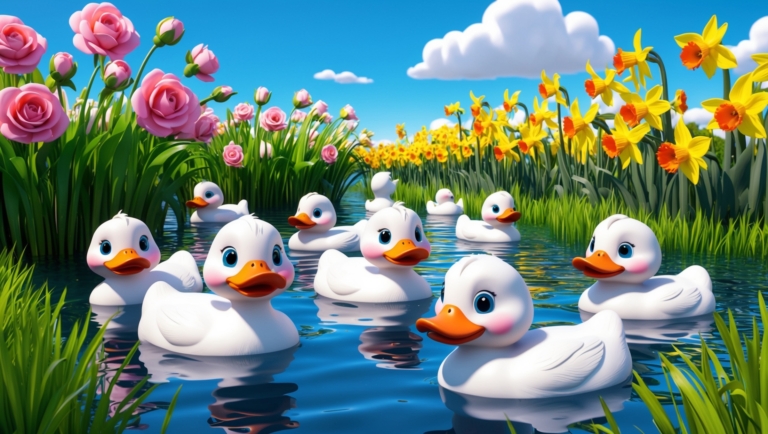 free ai stylized 3d cute ducks in spring meadow illustration