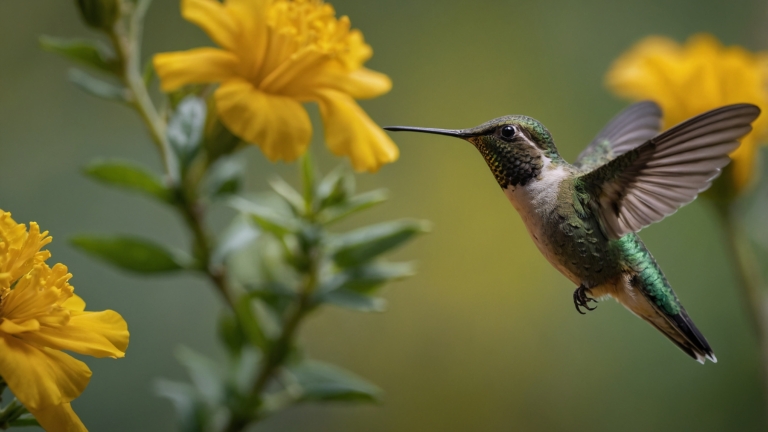 Hummingbird hovering by yellow marigolds in sunlight, with iridescent feathers and blurred background for dramatic focus.