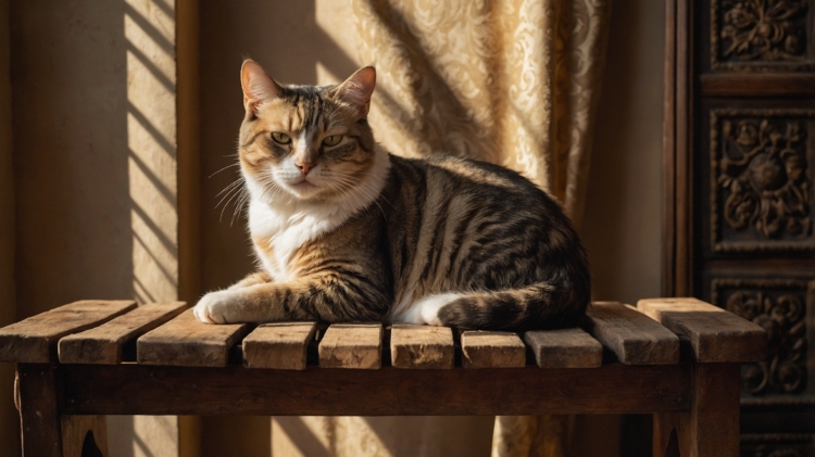 :** Cat sitting on wooden table in sunlight, with long shadows highlighting fur in a warm, rustic indoor setting.