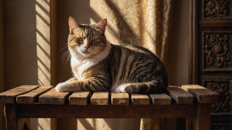 :** Cat sitting on wooden table in sunlight, with long shadows highlighting fur in a warm, rustic indoor setting.