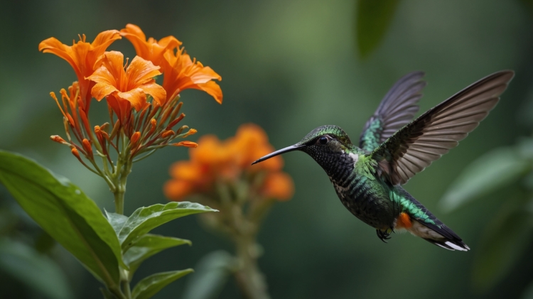 Futurism-style hummingbird near orange flower in motion, with vibrant feathers and green surroundings emphasizing dynamic energy.