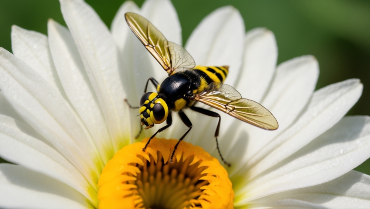 Macro photo of black and yellow wasp on white daisy, showcasing detailed body and striped eyes in sharp focus.