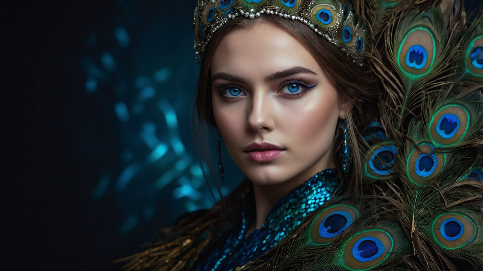 Elegant woman with peacock feather headpiece and blue eyes, set against a dark background with luxurious detail.