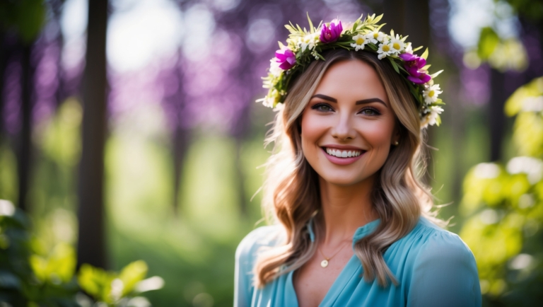 Smiling blonde woman in blue dress with flower crown in spring forest, posing outdoors with natural light and greenery.