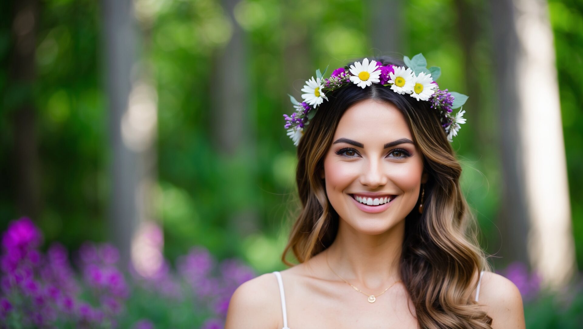 Smiling bride with flower crown and white dress, standing outdoors among purple flowers and green trees on wedding day.