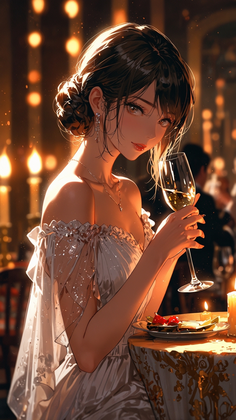 Anime girl in evening gown holding wine glass at elegant table, with soft lighting and luxurious background details.