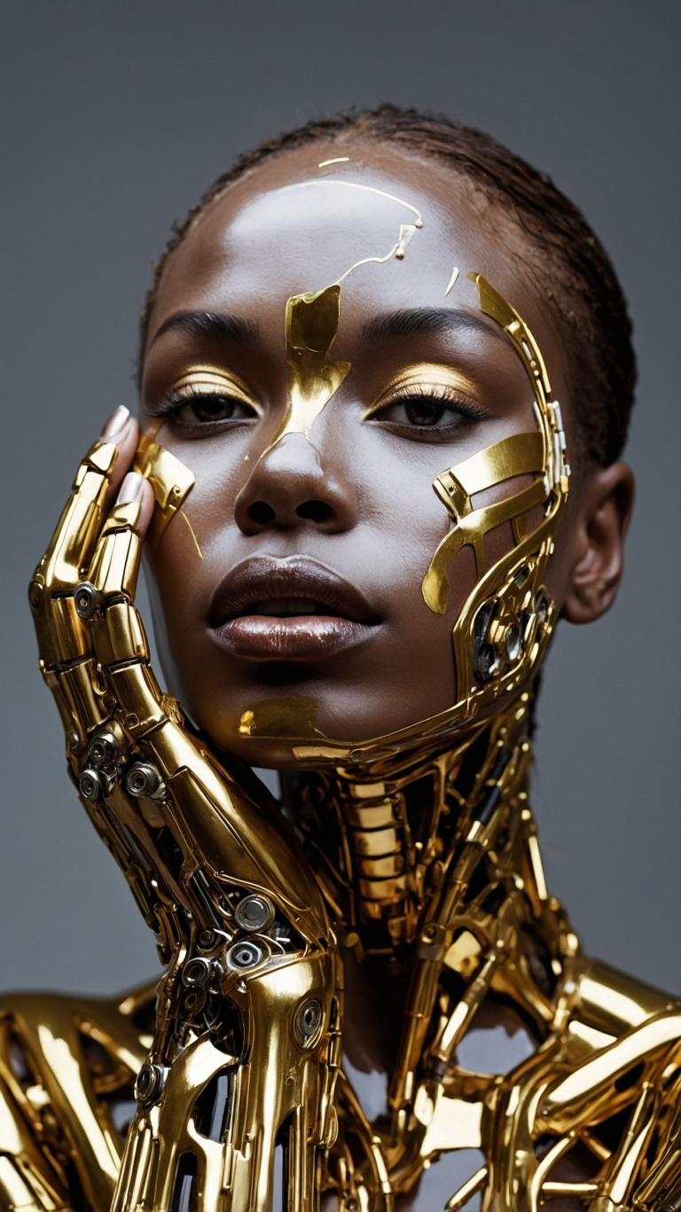 Black woman with golden skin, robotic arms, and metallic makeup poses confidently against a gray background in futuristic style.