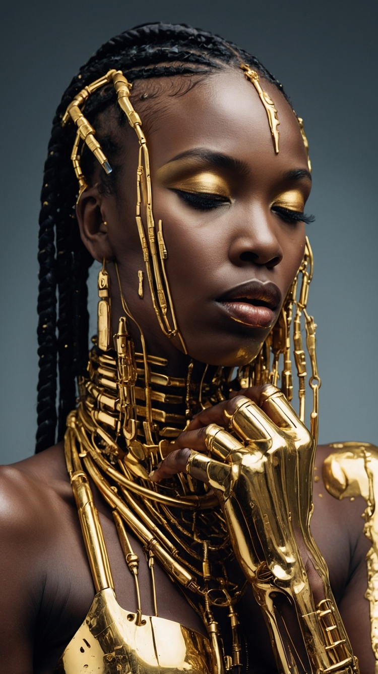 A beautiful Black woman wears golden metallic skeleton jewelry on her neck, shoulders, and arms. Her long dark braids flow naturally. She applies shimmering gold eyeshadow and lipstick, enhancing her bold, radiant look. She stands confidently, combining fashion with artistic expression.