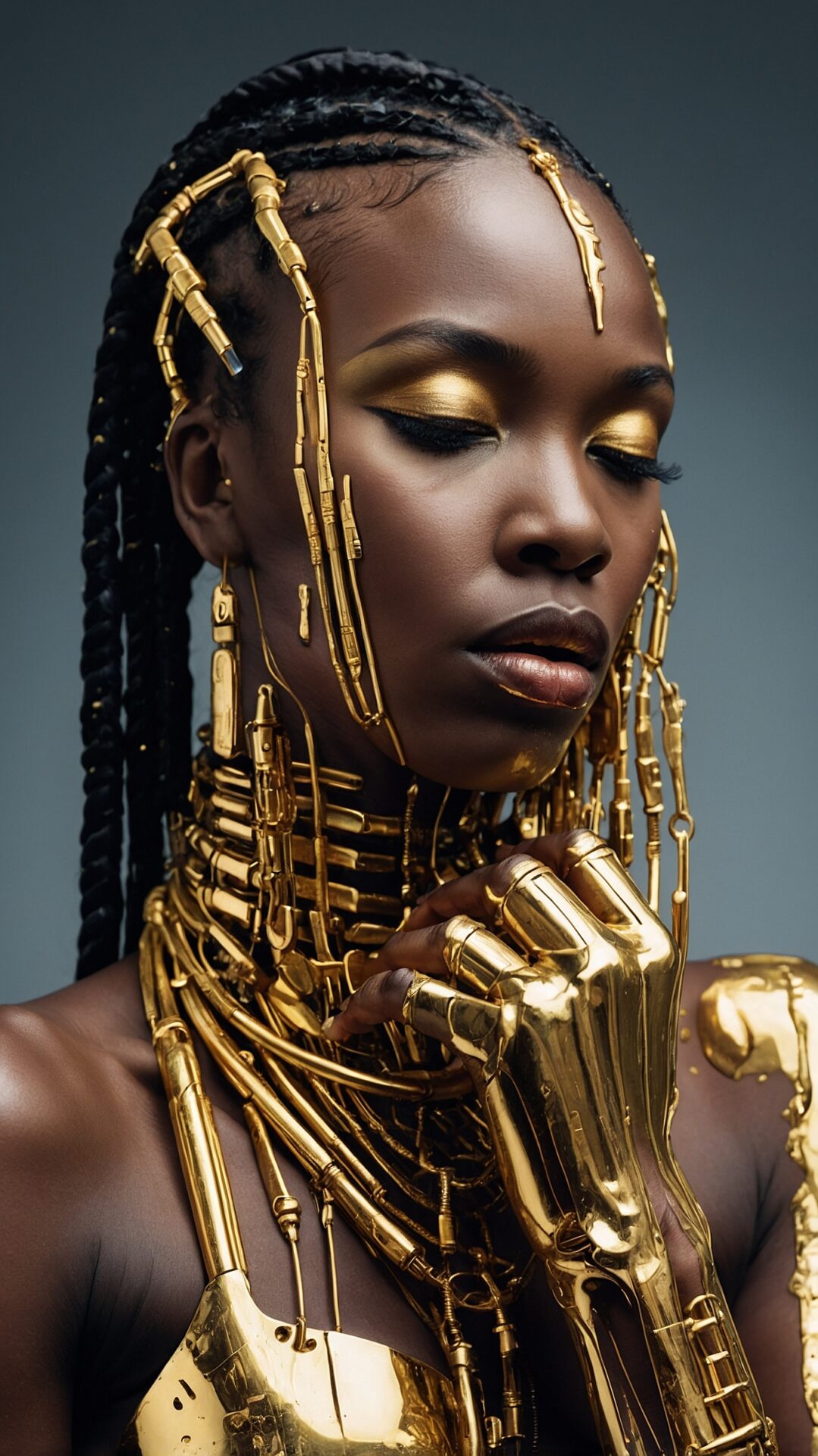 A beautiful Black woman wears golden metallic skeleton jewelry on her neck, shoulders, and arms. Her long dark braids flow naturally. She applies shimmering gold eyeshadow and lipstick, enhancing her bold, radiant look. She stands confidently, combining fashion with artistic expression.