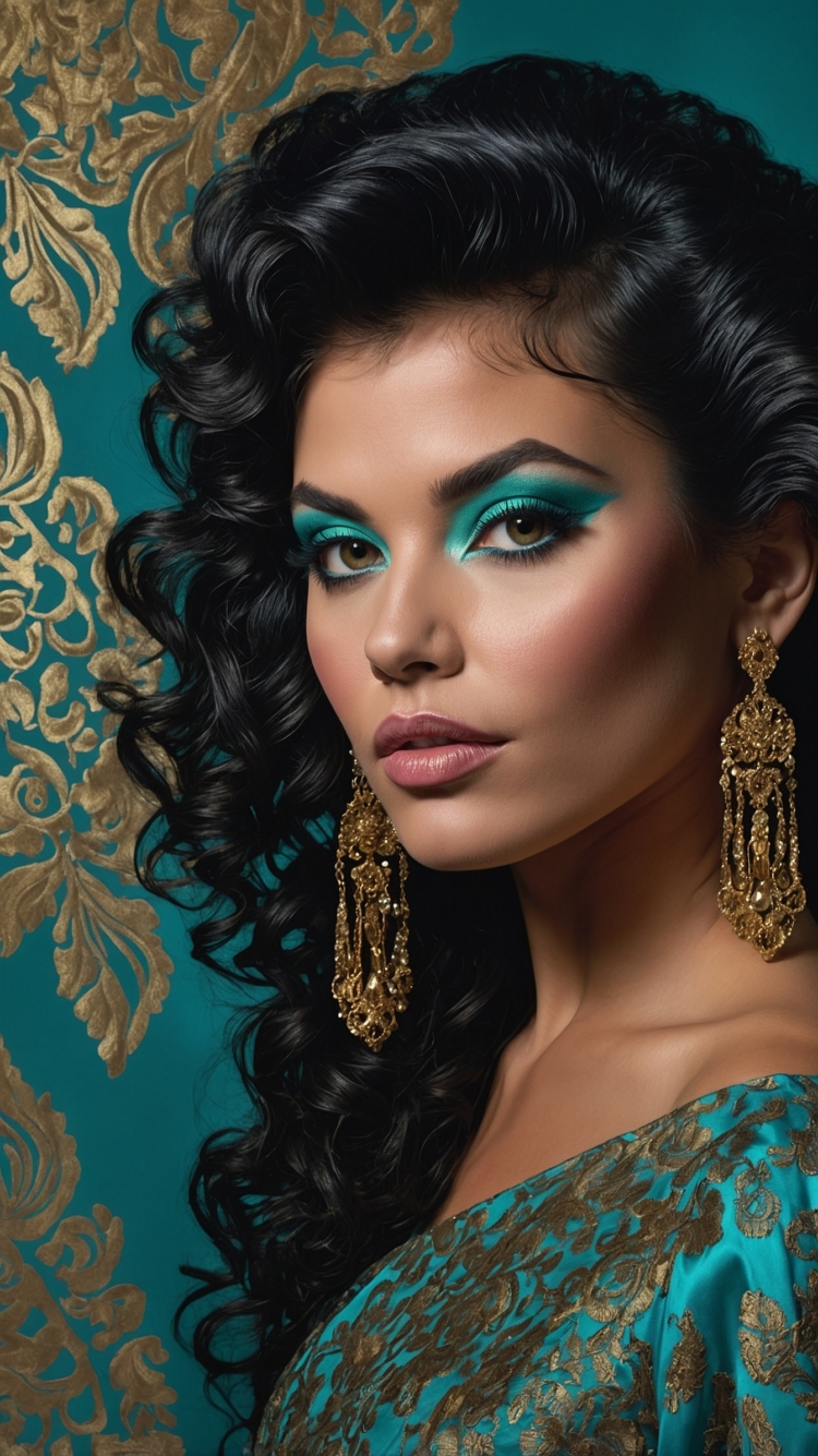 Exotic woman with curly hair, teal eyeshadow, and gold earrings in turquoise outfit, posing before ornate golden wallpaper.