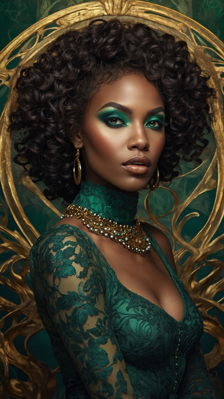 African American woman in green lace dress with curly hair, gold jewelry, and emerald-toned makeup in front of golden frame.
