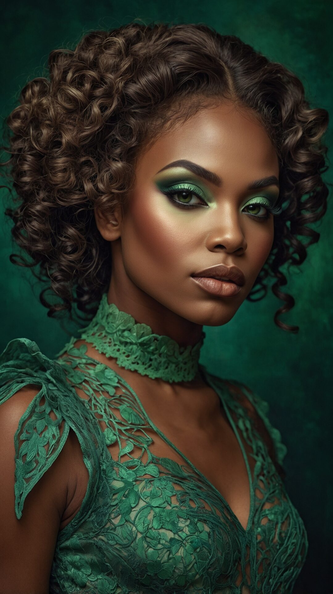 African American woman with curly side-part hair in green lace dress and matching makeup, set against emerald green background.