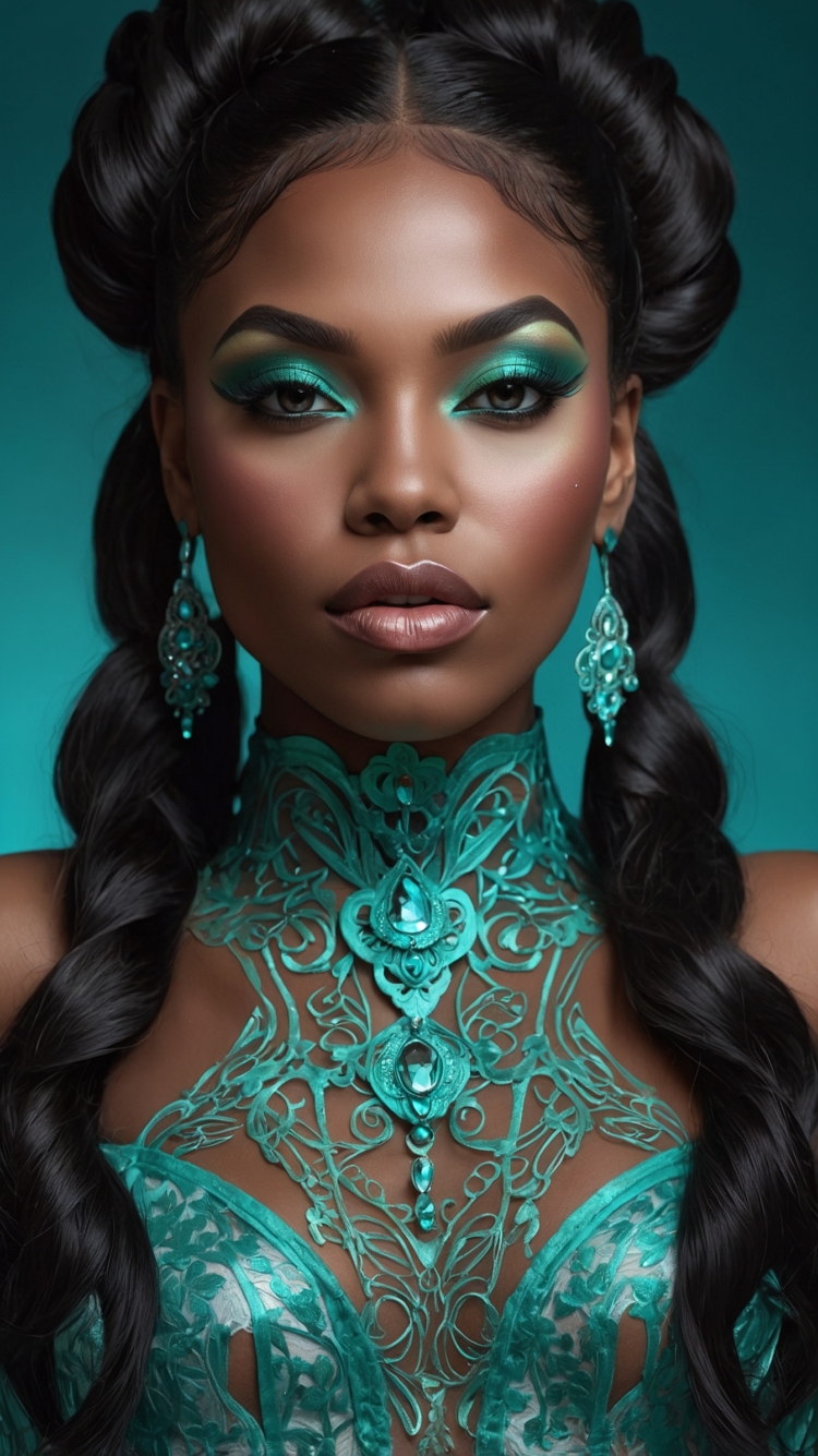 Black woman in teal lace dress with styled hair extensions and glamorous makeup, wearing intricate turquoise fabric details.