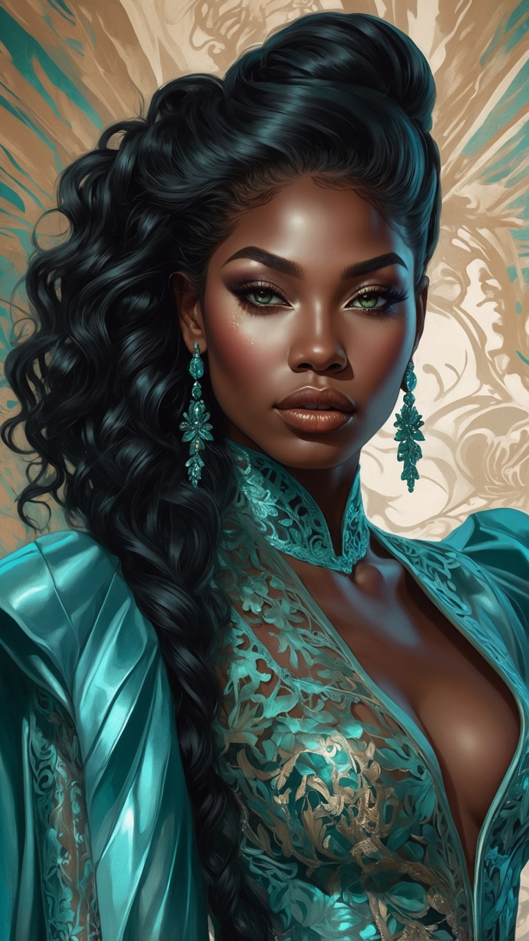 Young Black woman with curly hair in turquoise lace dress and green jewelry, comic book style, golden background.