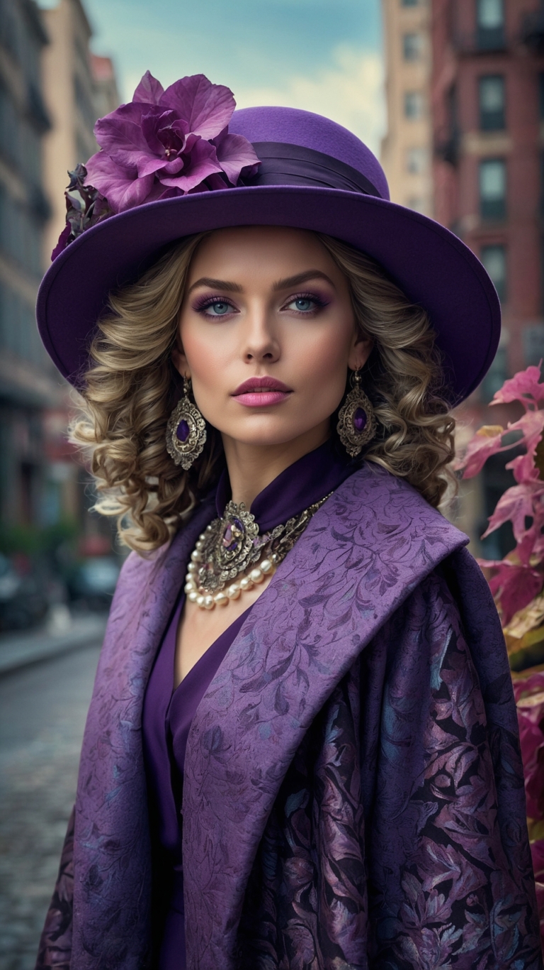 Elegant woman in purple coat and hat with pearl jewelry posing stylishly on a New York street, fashion magazine style.