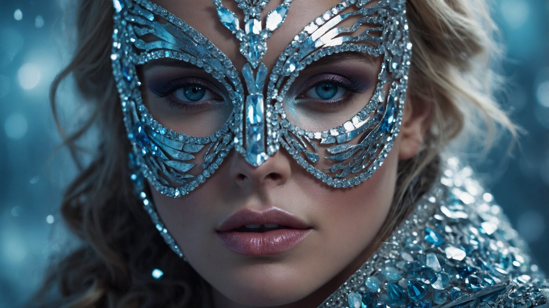 Blonde woman with butterfly eye makeup, silver-blue mask, and diamond coat standing in a blizzard on icy ground.