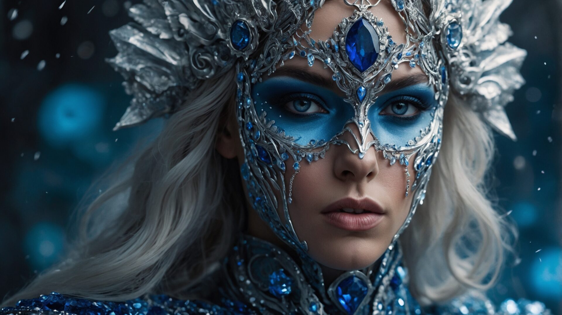 Fantasy woman with silver hair, sapphire face mask, ice armor, and blue eyes standing in a snowstorm with bold makeup.
