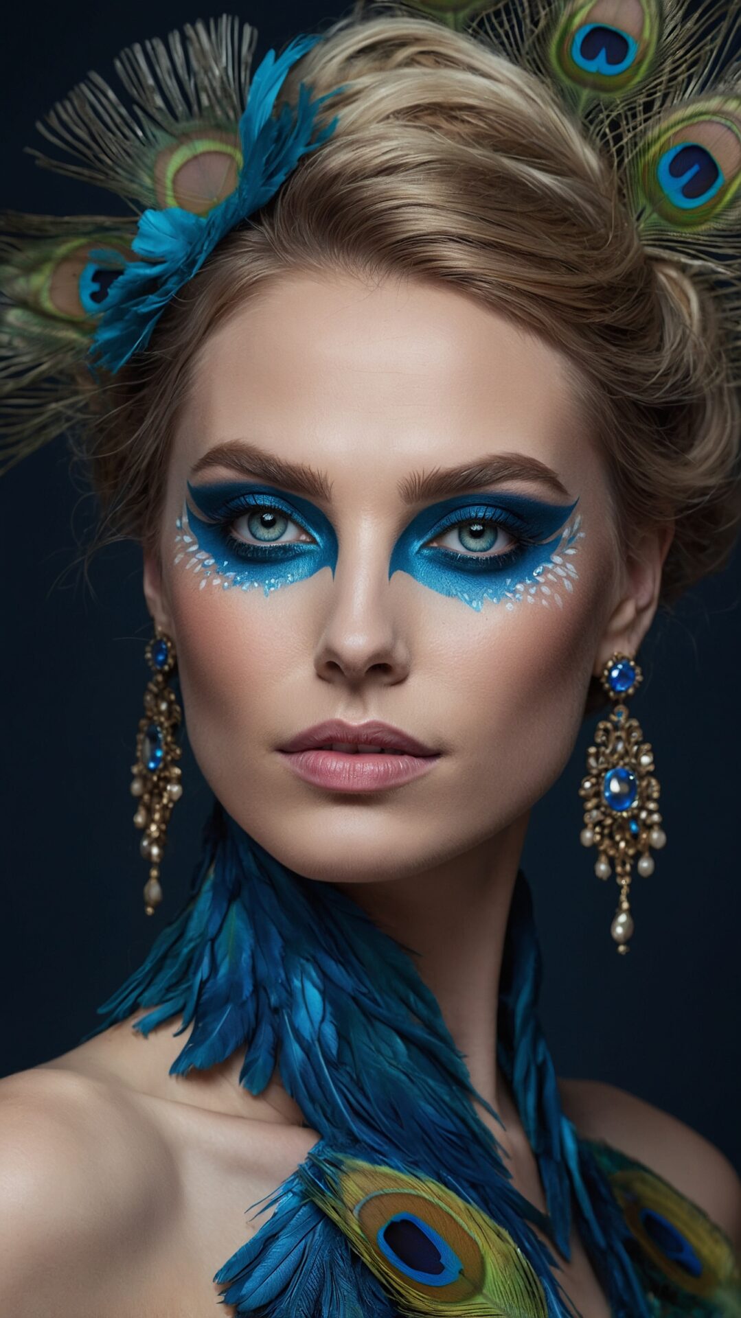 Elegant woman with peacock eye makeup and feathers, photographed in studio with soft shadows and crisp digital focus.