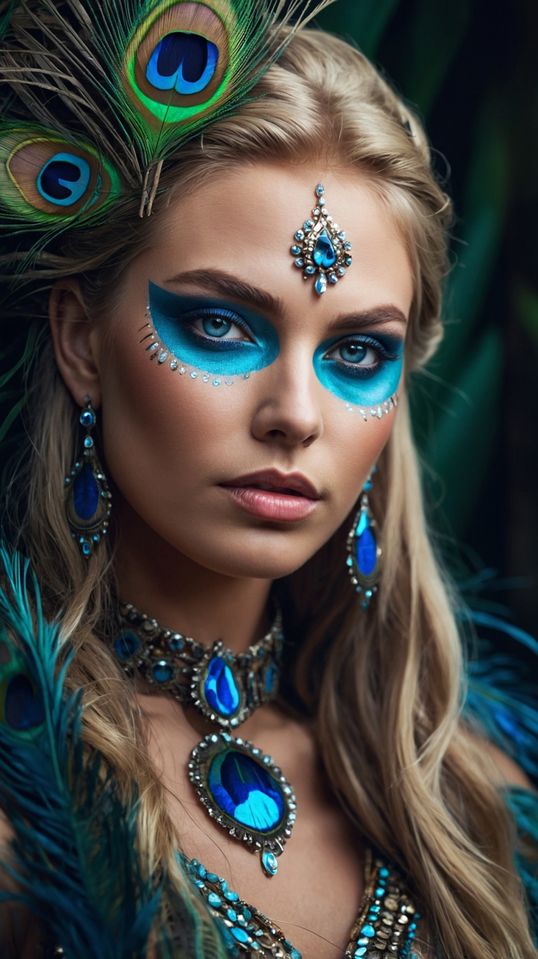 Elegant woman with peacock-blue eyes, gemstone jewelry, royal makeup, and blonde hair poses among vivid peacocks.