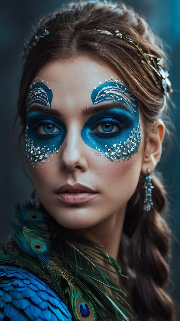 Woman with peacock face paint, braided hair, sapphire earrings, and feather dress in dark blue fantasy setting.