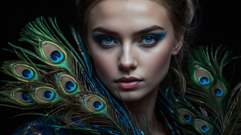 Confident woman with blue eyes, peacock feathers, and Swan Lake-inspired makeup against a dark background.