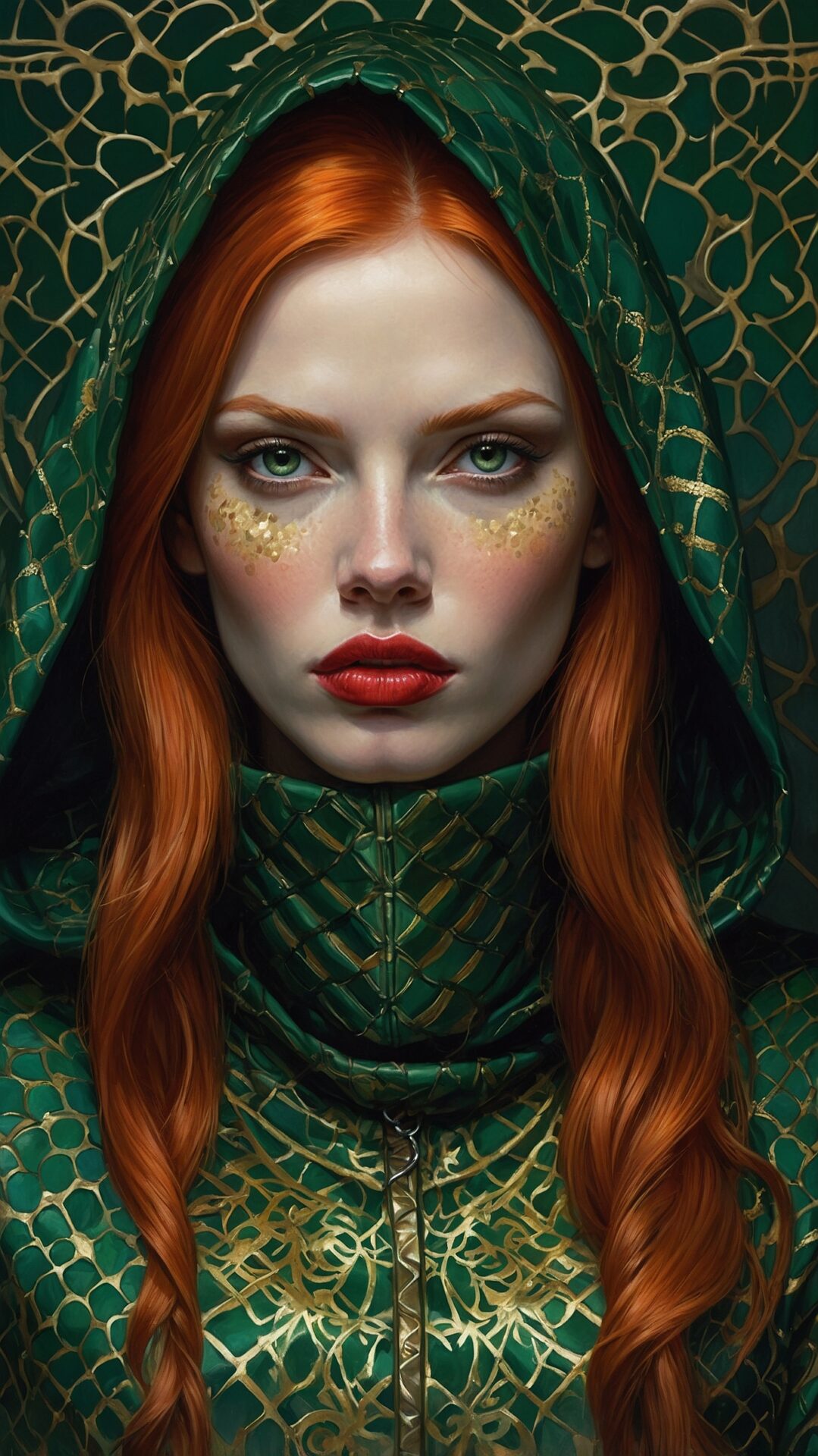 Fantasy portrait of red-haired Irish woman with green snake, golden makeup, and a hooded cloak on a green background.