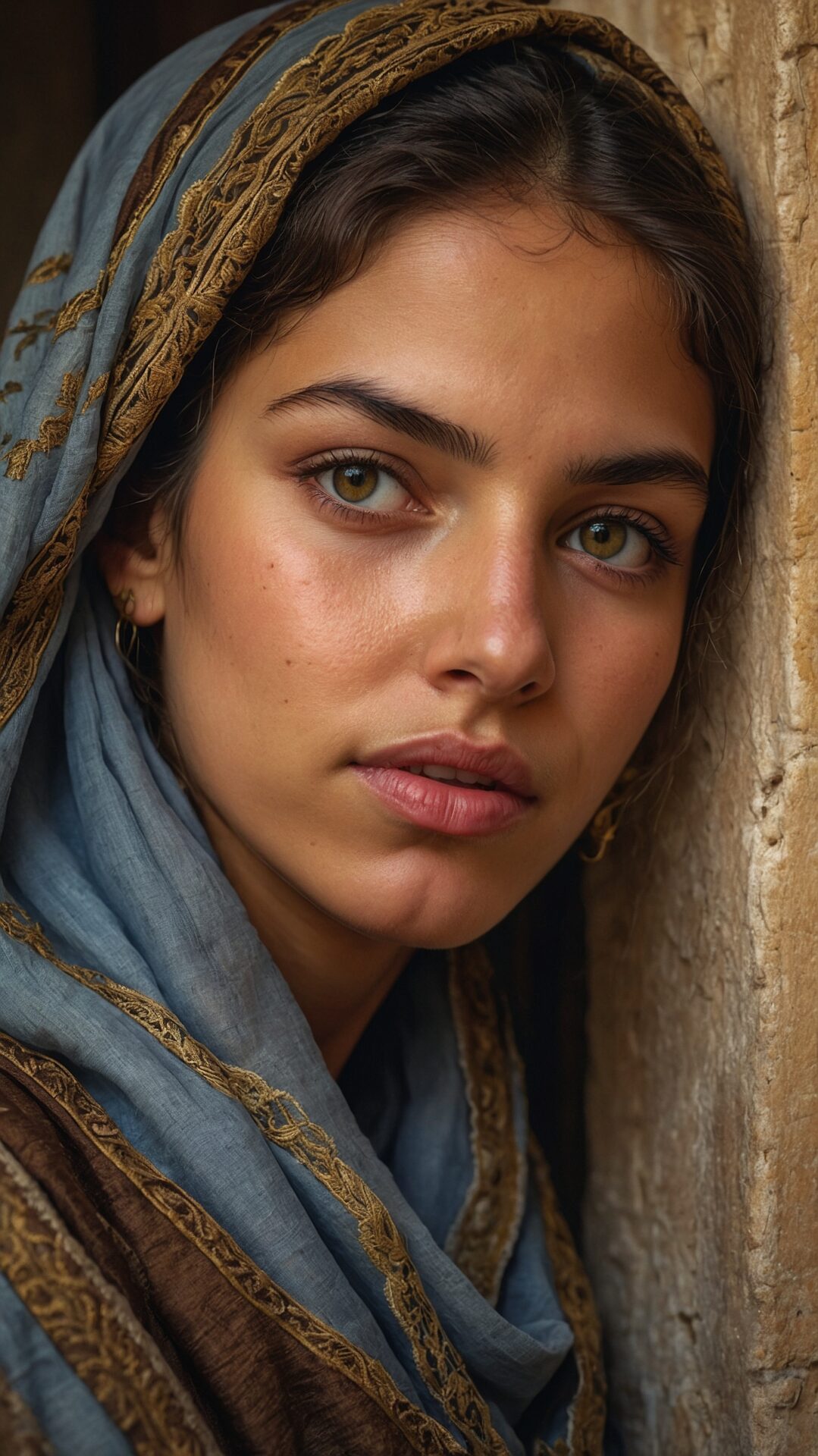 Close-up portrait of young Middle Eastern woman in traditional clothing, with green eyes and embroidered headscarf indoors.