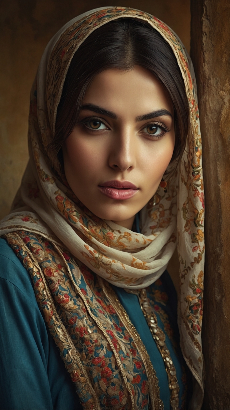 Iranian woman in traditional attire with headscarf and earrings, standing against warm wall with soft bokeh effect.