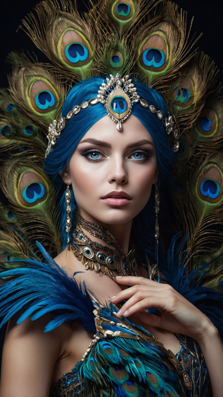 Elegant woman with peacock feathers, jeweled headband, and crown-shaped necklaces, posing against a dark gray background.