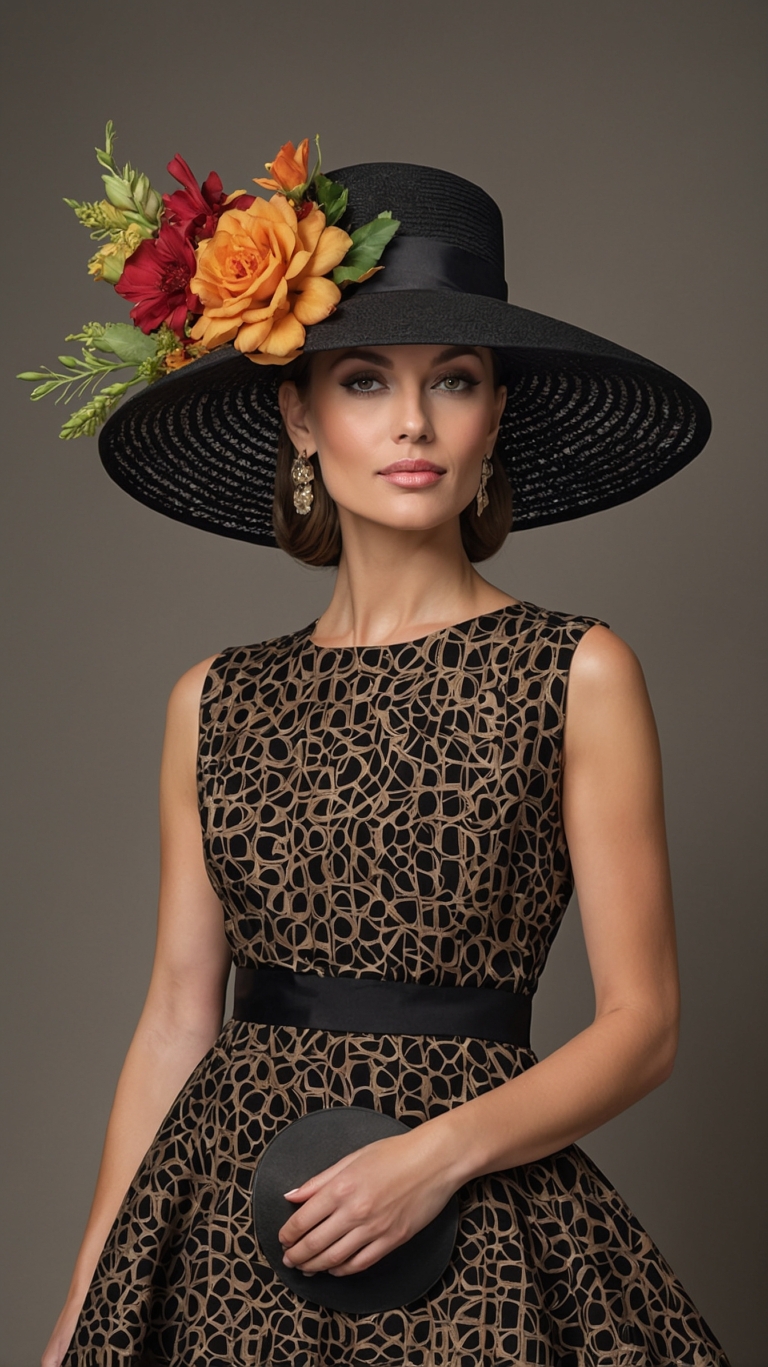 Elegant woman in leopard-print dress and floral hat, holding a purse and posing with confidence and grace.